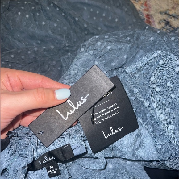 Lulus - Sweetheart Style Slate Blue Polka Dot Bus
Tiered Midi Dress - Picture 3 of 4